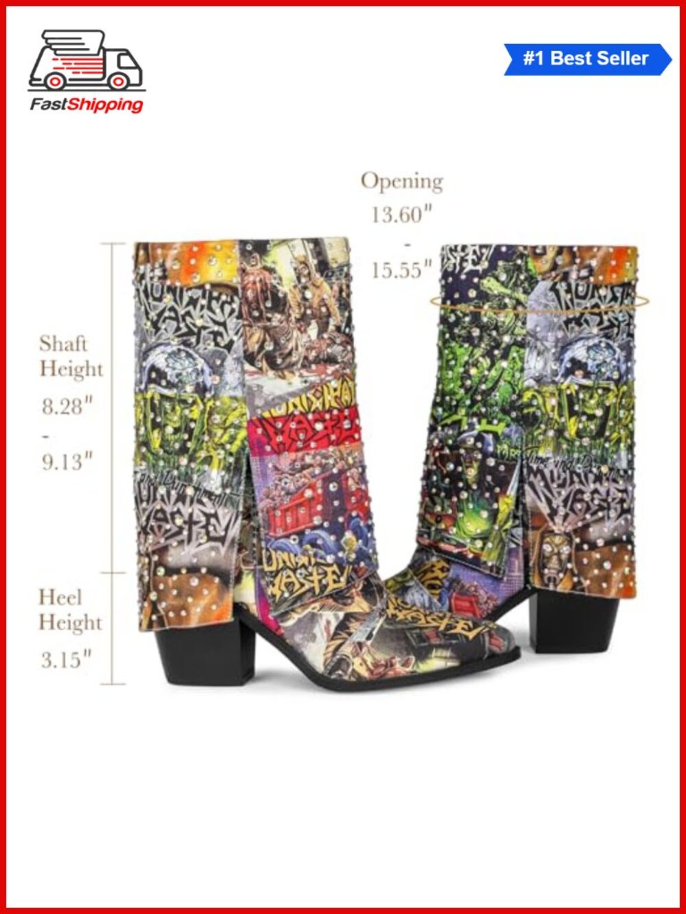 ✨Krylinette Graphic Print Rhinestone Mid Calf Denim Boots Chunky Heel Western - Picture 2 of 6